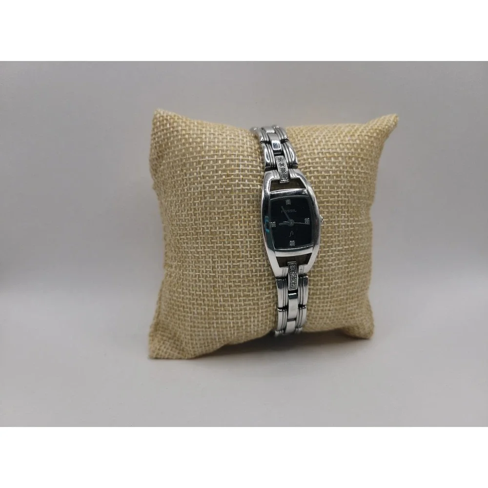 Fossil Womens Silver Tone Bracelet Watch Black Dial Rhinestone Accent Dress Watc